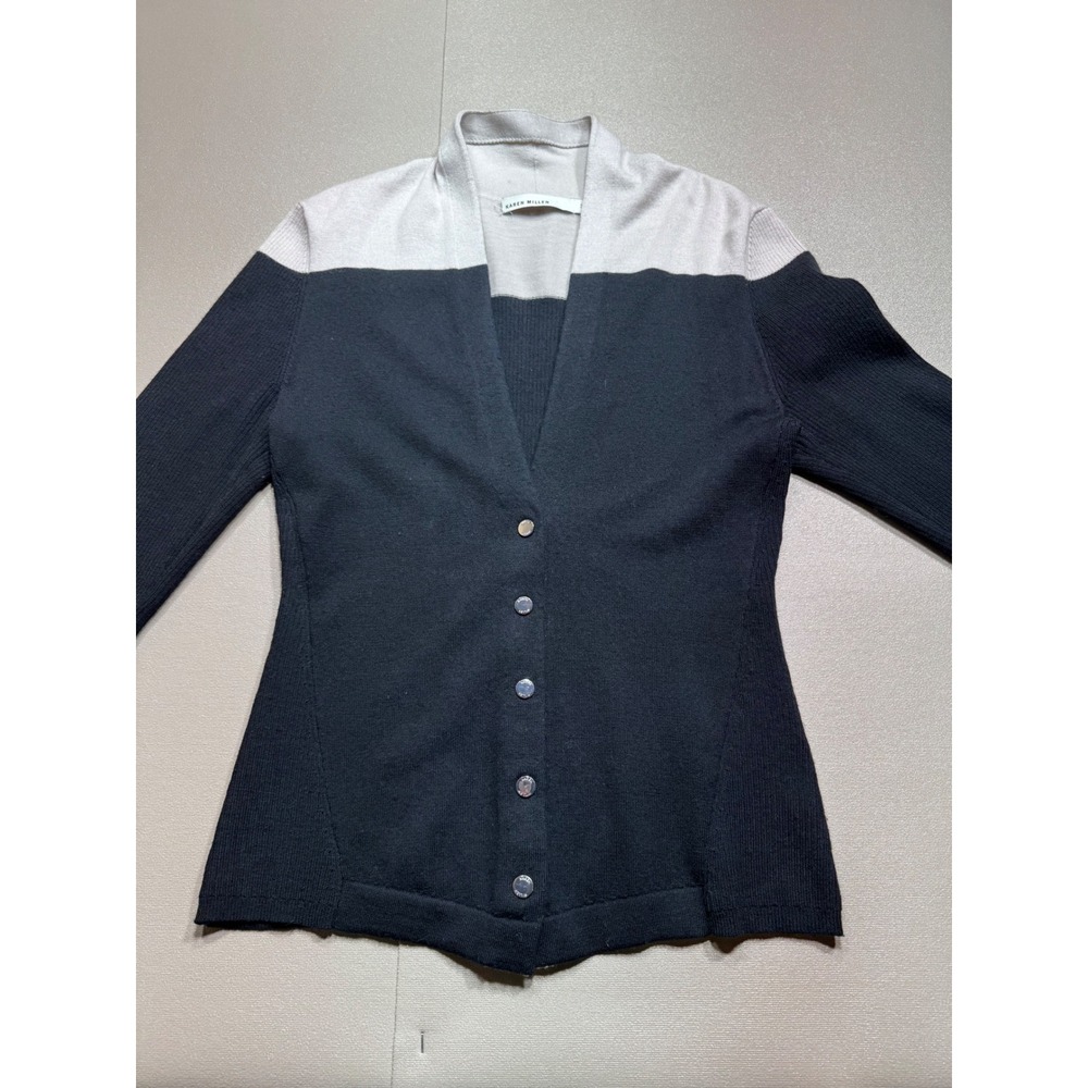 Karen Millen Black Cream Colorblock Wool Cardigan Back Zip Ribbed Sweater Size 3